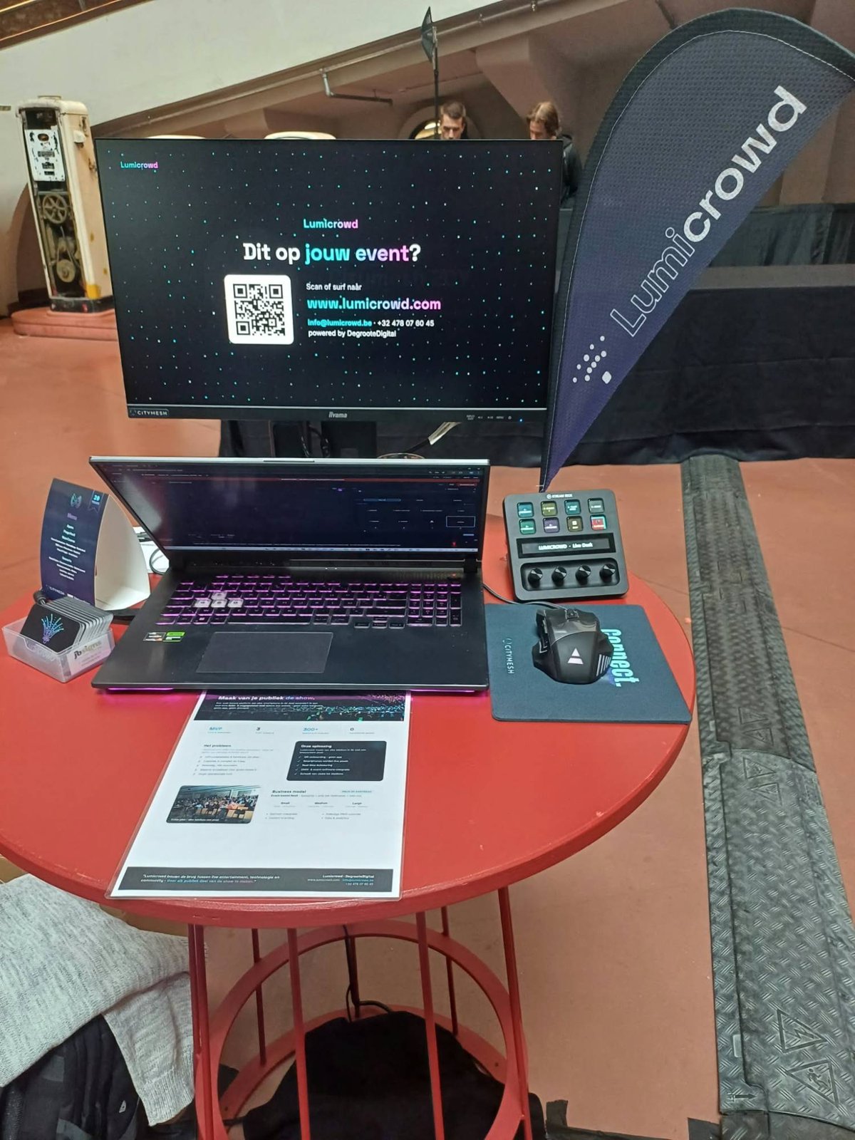 The Lumicrowd operator setup: laptop dashboard, Stream Deck and a second screen