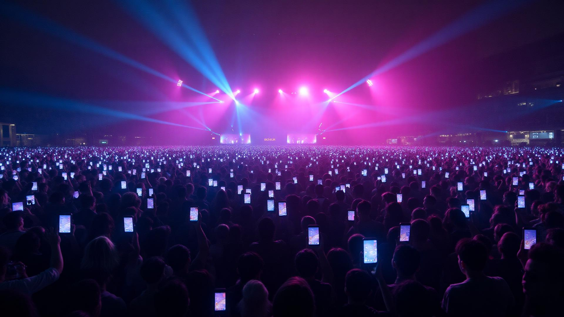 Arena crowd holding phones that glow in coordinated colors under stage lighting, forming a single living pixel canvas