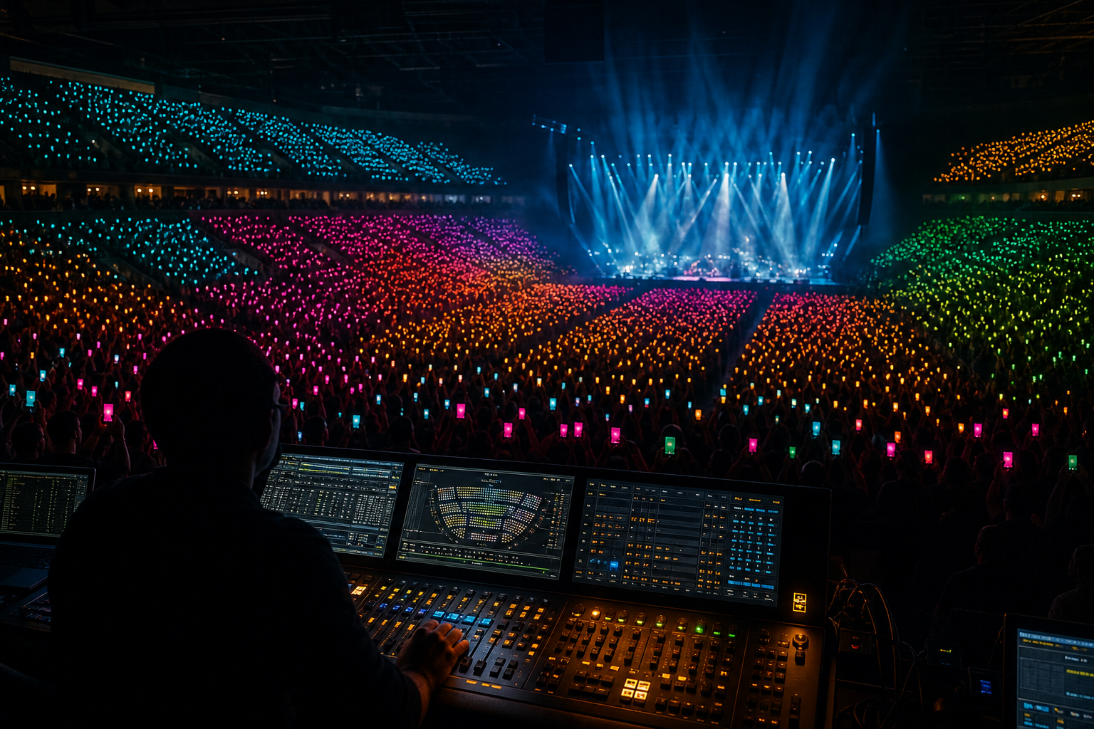 Lighting operator at a DMX console overlooking a packed arena where thousands of phones glow in coordinated color sections, forming one giant pixel display